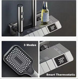 Colonne de douche Gris avec robinetterie murale à affichage numérique LED, mitigeur effet pluie, ensemble de douche 4 jets avec pommeau de douche effet pluie de 30 cm, douchette à main 3 jets et bidet intégré.