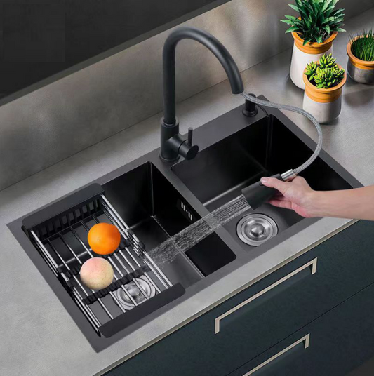 Évier de cuisine double en acier inoxydable avec égouttoir, à encastrer, dimensions : 78 x 43 (Noir)