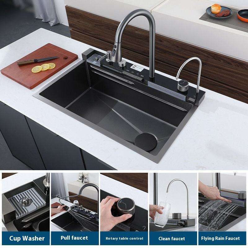 Évier de cuisine multifonction à cascade, Evier intelligent moderne avec affichage numérique en acier inoxydable avec accessoires