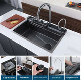 Évier de cuisine multifonction à cascade, Evier intelligent moderne avec affichage numérique en acier inoxydable avec accessoires