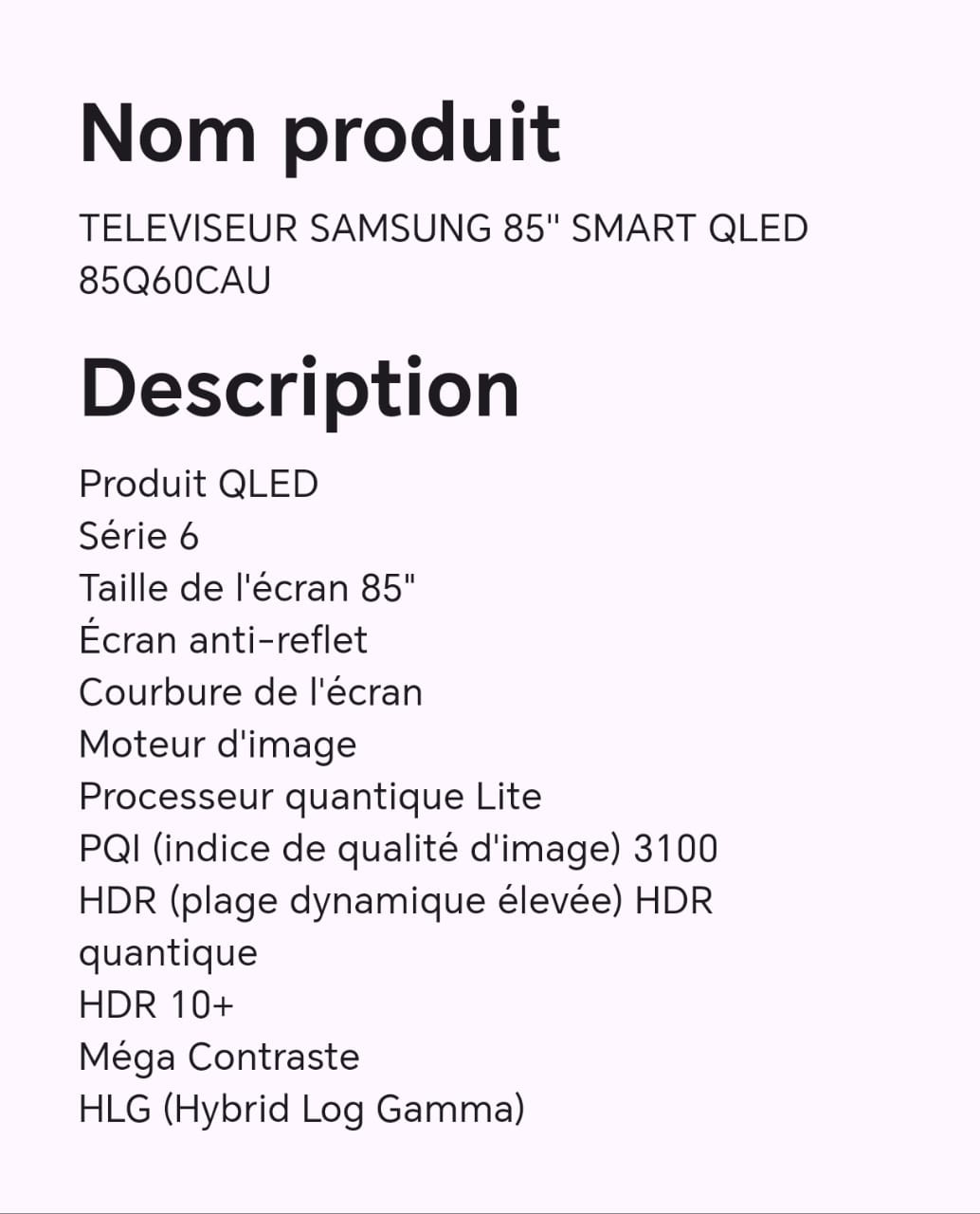 TELEVISEUR SAMSUNG 85" SMART QLED 85Q60CAU