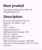 TELEVISEUR SAMSUNG 85" SMART 4K ANDROID 85DU7170