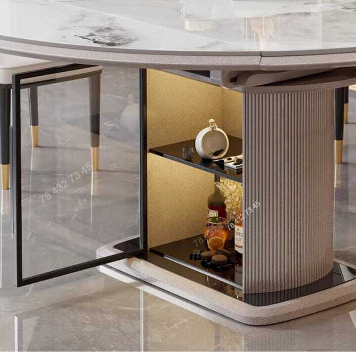 Table A Manger Extensible - Marbre Blanc + motifs divers - Avec Vaissellier Intégré