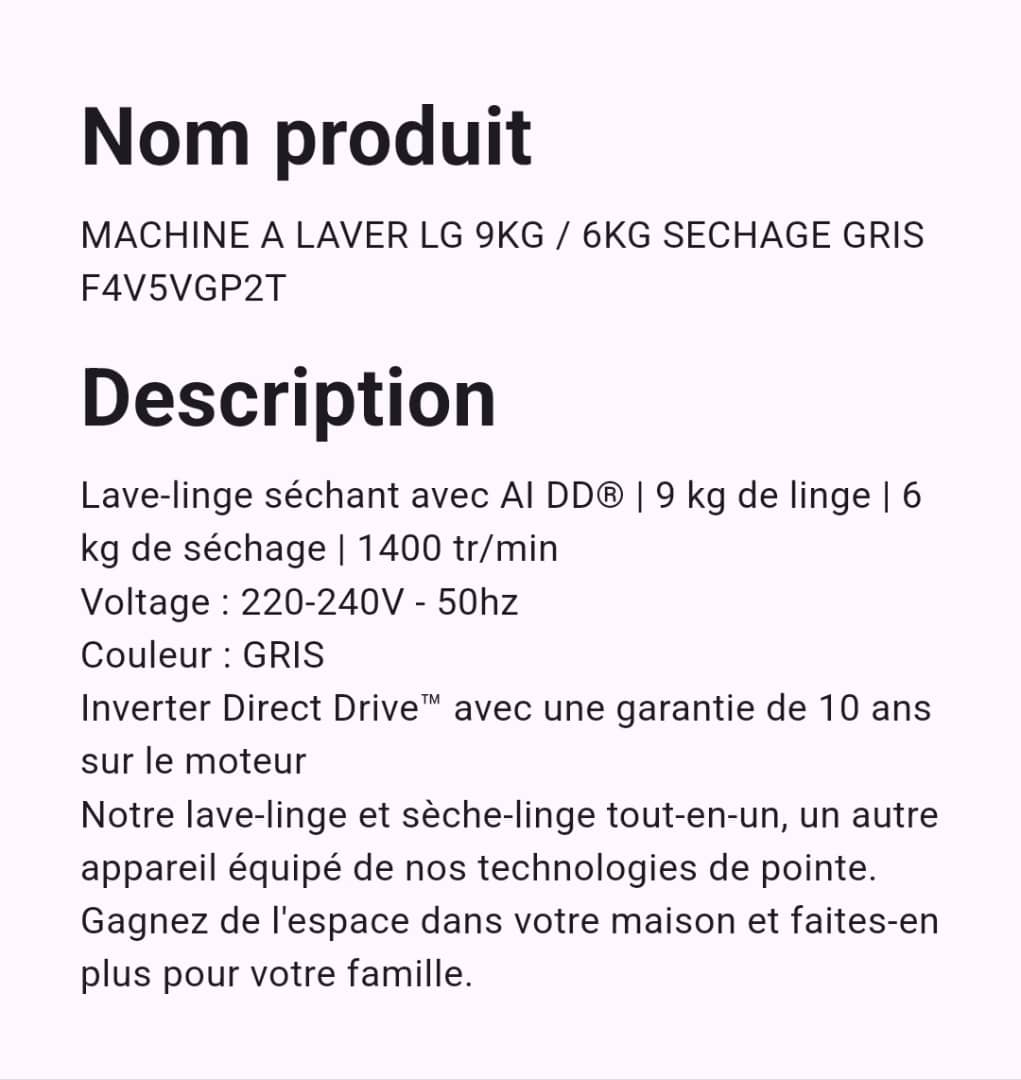 Machine A Laver LG 9 Kg / Séchage 6 Kg Gris