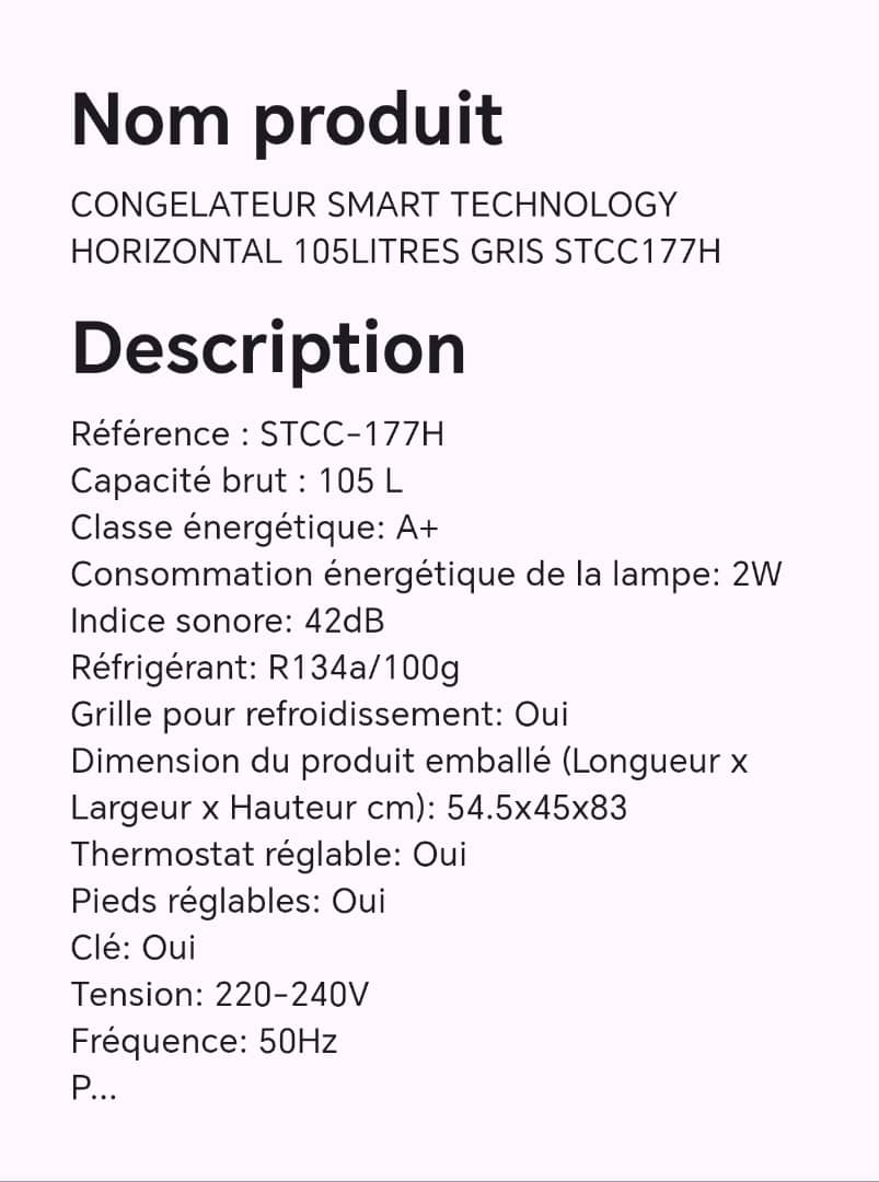 CONGELATEUR SMART TECHNOLOGY HORIZONTAL 105LITRES GRIS STCC177H