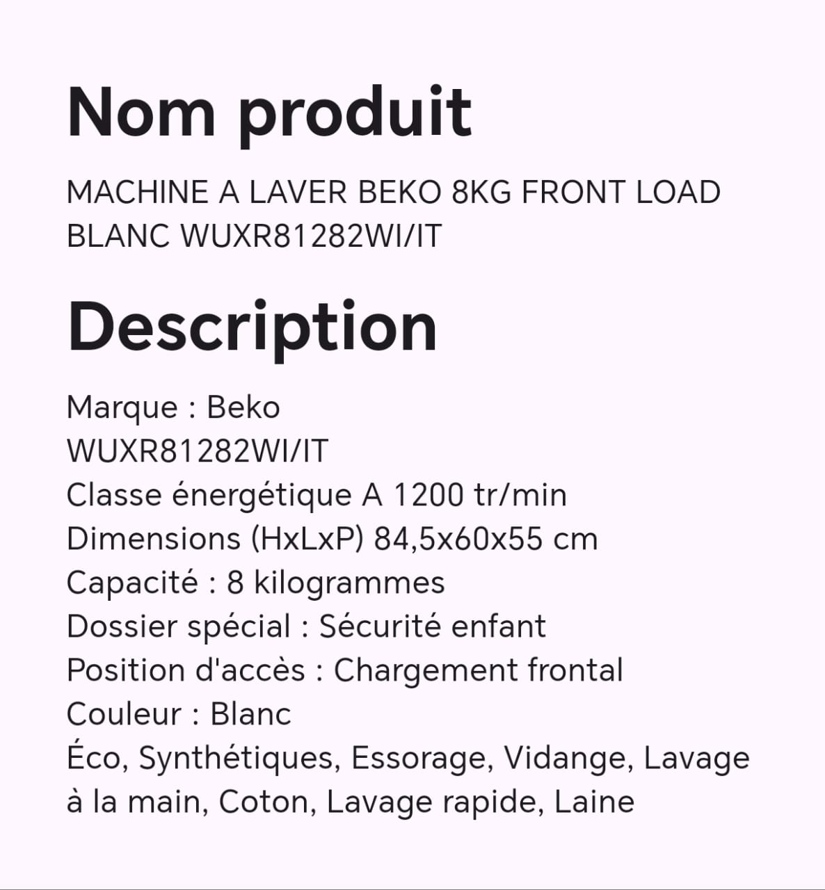 MACHINE A LAVER BEKO 8KG FRONT LOAD BLANC WUXR81282WI/IT