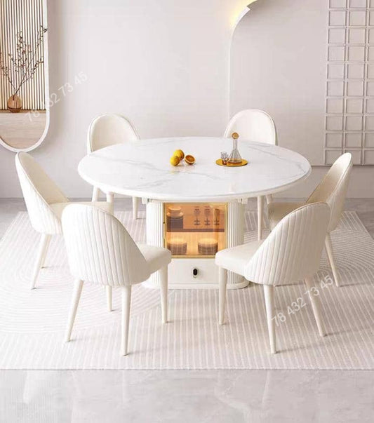 Table A Manger Extensible - Marbre Blanc - Avec Vaissellier Intégré