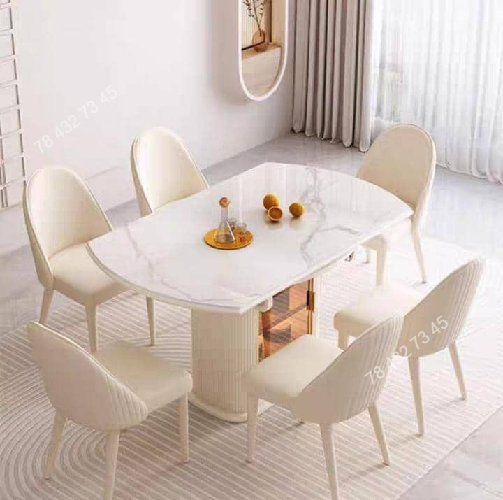 Table A Manger Extensible - Marbre Blanc - Avec Vaissellier Intégré