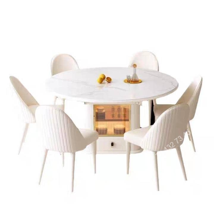 Table A Manger Extensible - Marbre Blanc - Avec Vaissellier Intégré