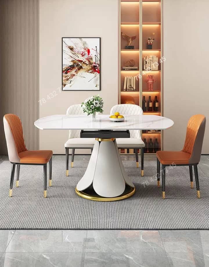 Table A Manger Extensible - Marbre Blanc et Pied en Cône