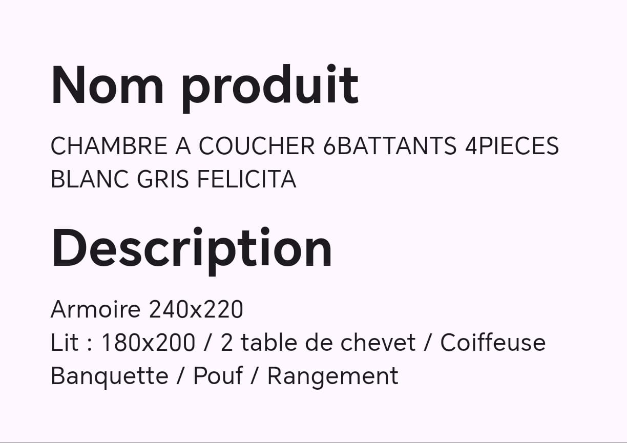 CHAMBRE A COUCHER 6BATTANTS 4PIECES BLANC GRIS FELICITA