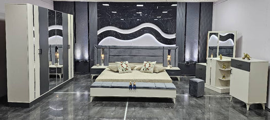 CHAMBRE A COUCHER 6BATTANTS 4PIECES BLANC GRIS FELICITA