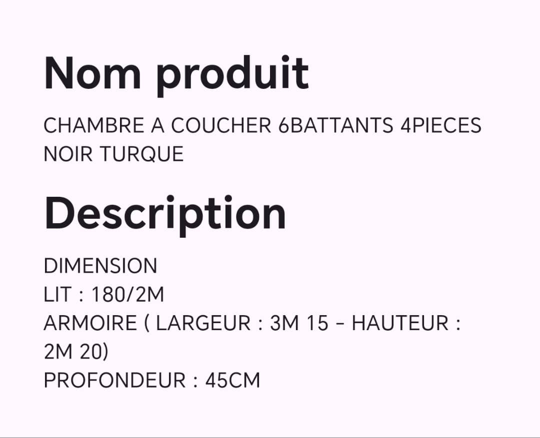 CHAMBRE A COUCHER 6BATTANTS 4PIECES NOIR TURQUE