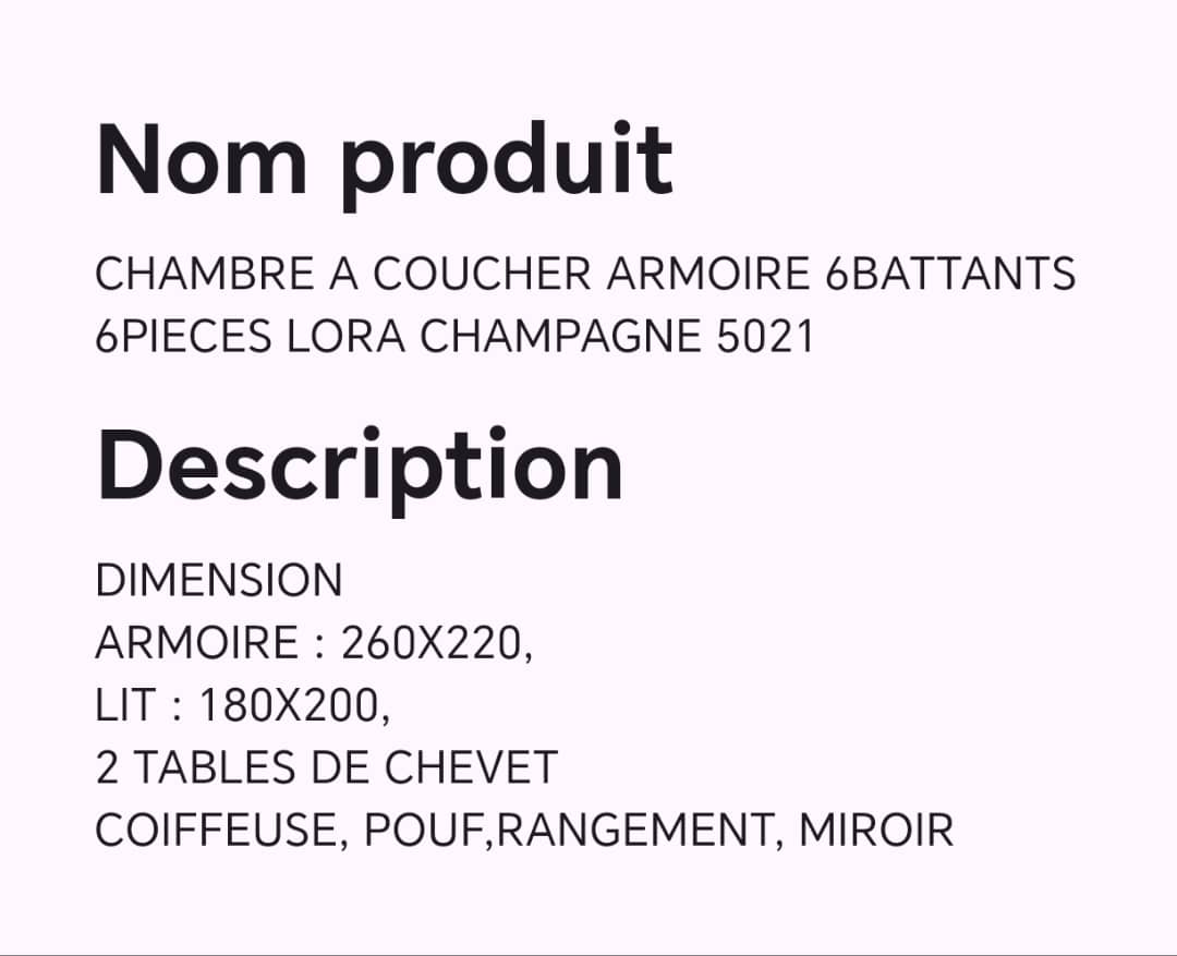 CHAMBRE A COUCHER 6BATTANTS 6PIECES LORA CHAMPAGNE 5021