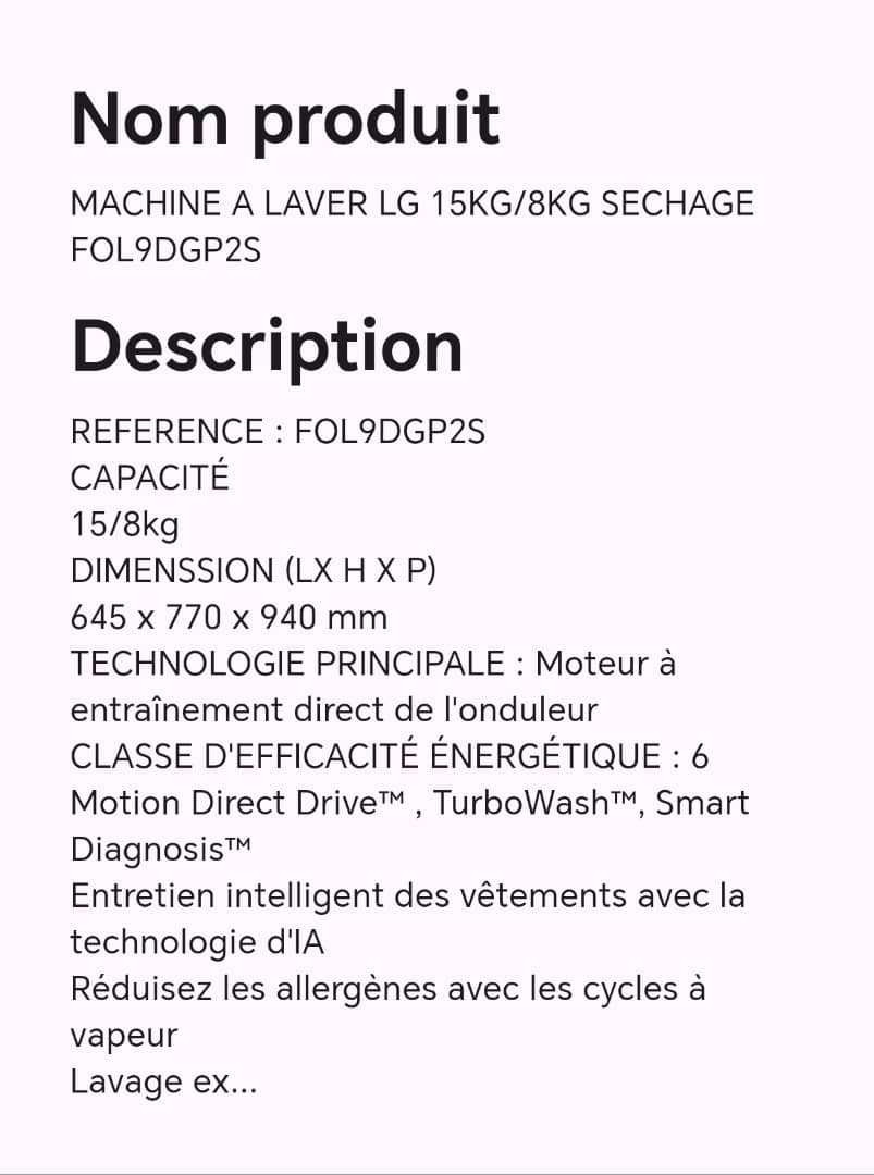 Machine à laver LG 15KG/8KG SECHAGE FOL9DGP2S