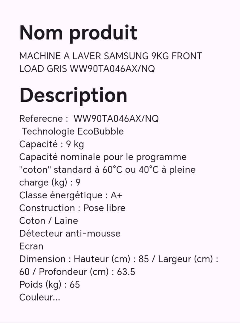 MACHINE à laver SAMSUNG 9KG front load gris WW90TA046AX/NQ