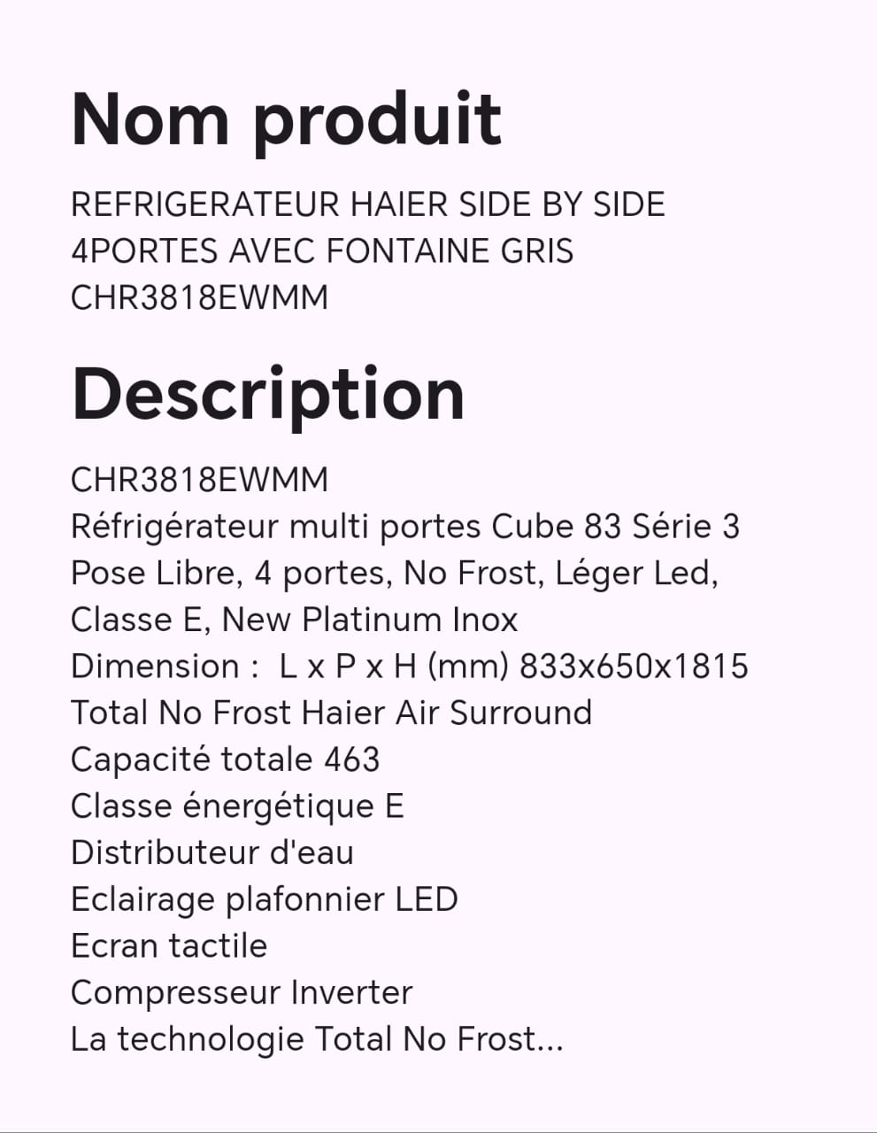 Réfrigérateur HAIER SIDE BY SIDE portes avec fontaine gris CHR3818EWMM