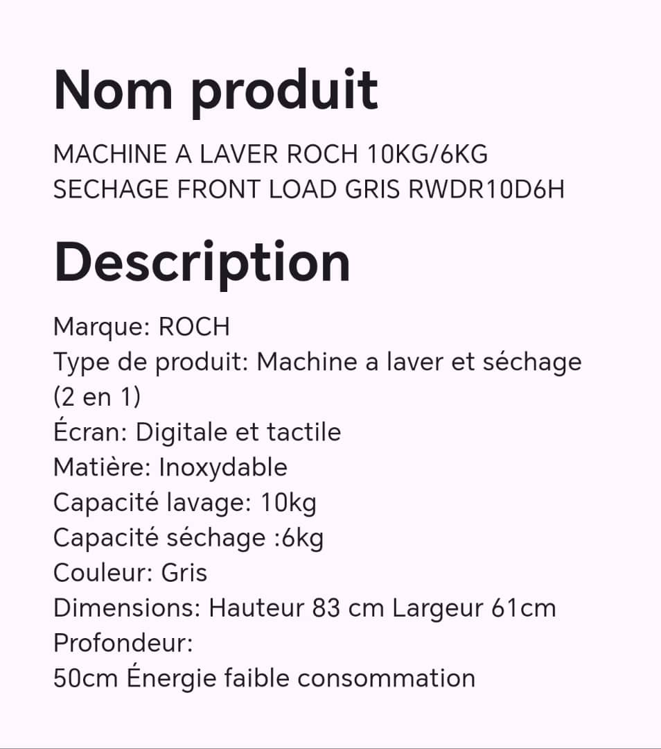 Machine à laver ROCH 10KG/6KG séchage FRONT LOAD gris RWDR10D6H
