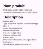 Machine à laver ROCH 10KG/6KG séchage FRONT LOAD gris RWDR10D6H