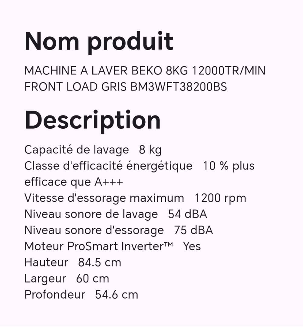 Machine à laver BEKO 8KG 12000TR/MIN FRONT LOAD gris BM3WFT38200BS