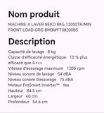 Machine à laver BEKO 8KG 12000TR/MIN FRONT LOAD gris BM3WFT38200BS