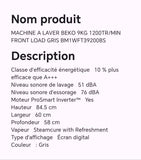 Machine à laver BEKO 9KG 1200TR/MIN FRONT LOAD gris BM1WFT39200BS