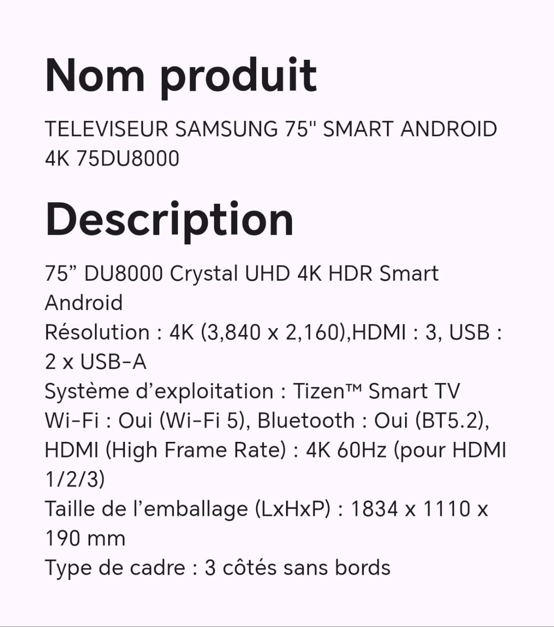 TELEVISEUR SAMSUNG 75" SMART ANDROID 4K 75DU8000