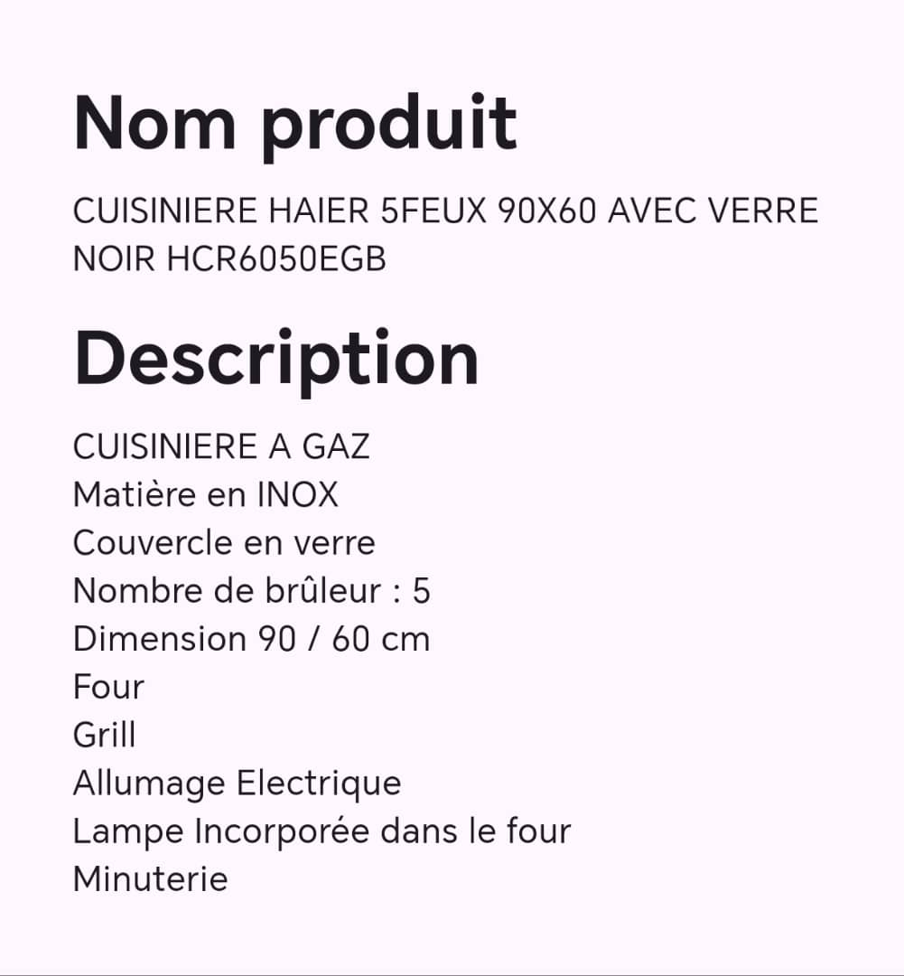Cuisine HAIER 5feux 90X60 avec verre noir HCR6050EGB