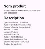 Réfrigérateur BEKO 2portes 300litres gris DSE30000S