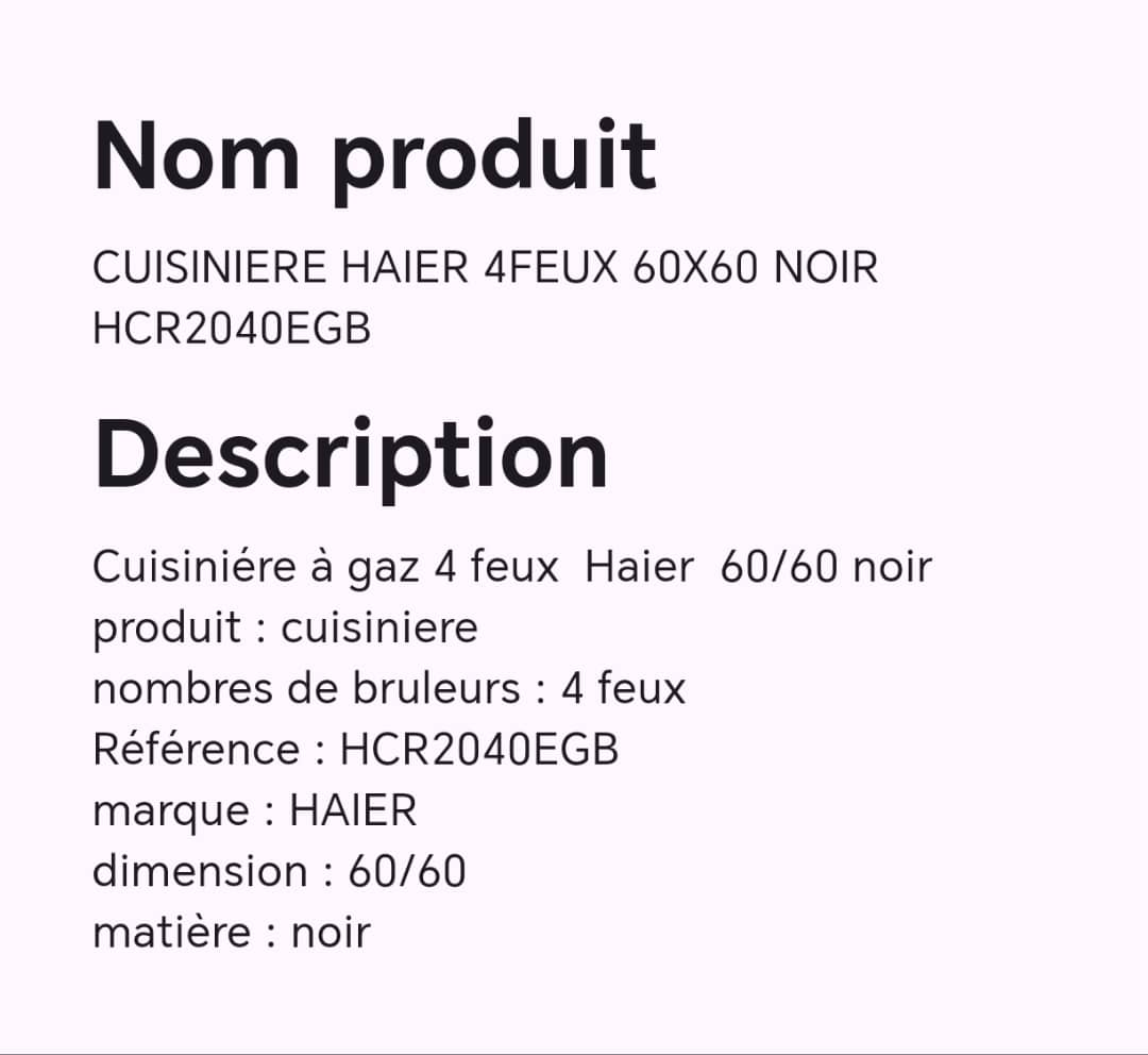 Cuisine HAIER 4feux 60X60 avec verre noir HCR2040EGB
