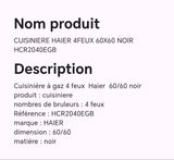 Cuisine HAIER 4feux 60X60 avec verre noir HCR2040EGB