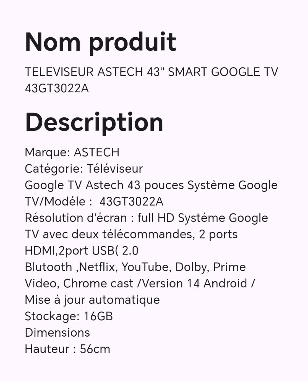TELEVISEUR ASTECH 43" SMART GOOGLE TV 43GT3022A