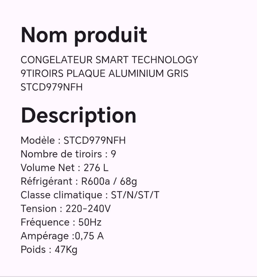 CONGELATEUR SMART TECHNOLOGY 9TIROIRS PLAQUE ALUMINIUM GRIS STCD979NFH