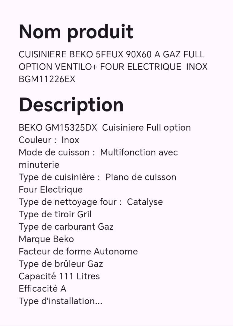 Cuisinière Beko 5feux 90X60 à gaz full option ventilo+ four électrique inox BGM11226EX