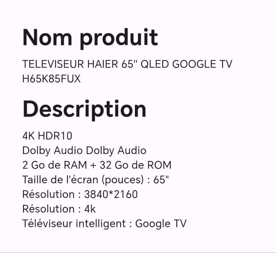 Téléviseur HAIER 65" QLED GOOGLE TV H65K85FUX