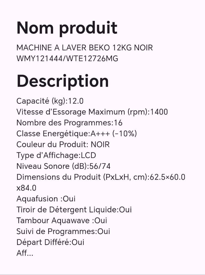 Machine à laver BEKO 12KG noir WMY121444/WTE12726MG