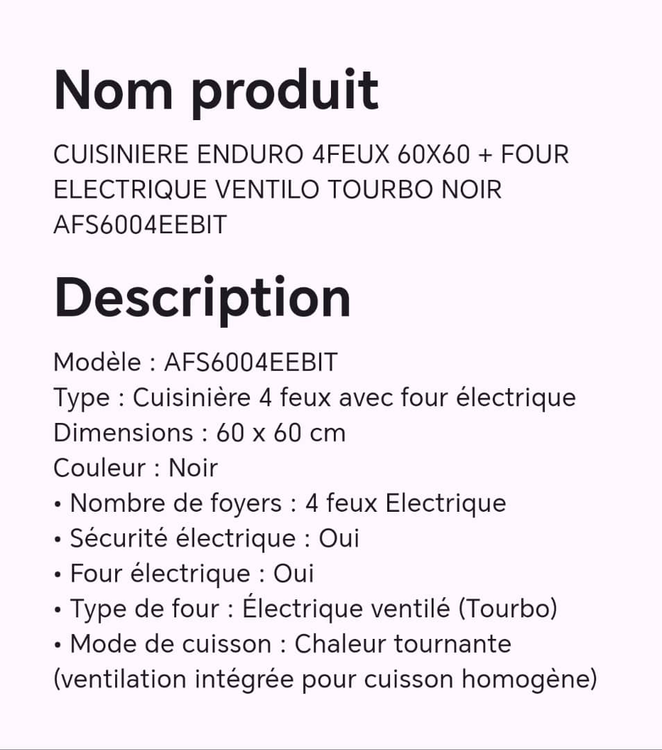 Cuisinière Enduro 4feux 60X60 + four électrique ventilo tourbo noir AFS6004EEBIT