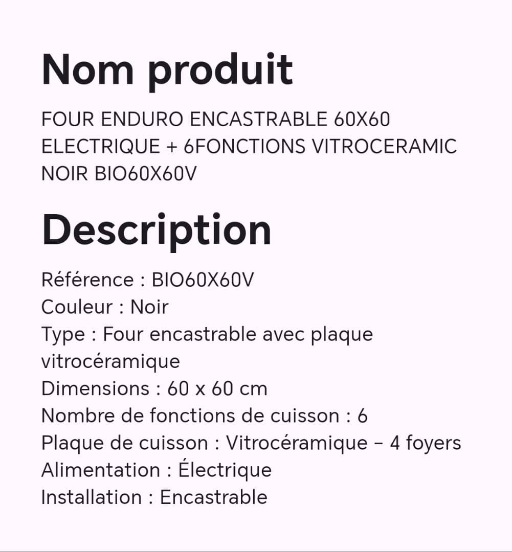 Four enduro encastrable 60X60 électrique + 6fonctions vitroceramic noir BIO60X60V