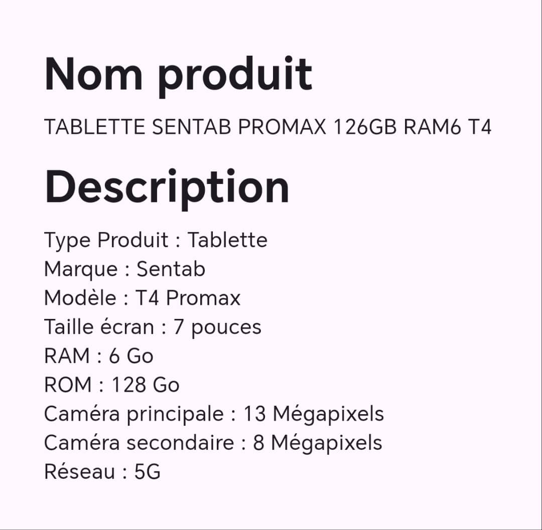 Tablette SENTAB PROMAX 126GB RAM6 T4