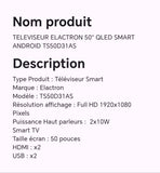 TELEVISEUR ELACTRON 50" QLED SMART ANDROID TS50D31AS