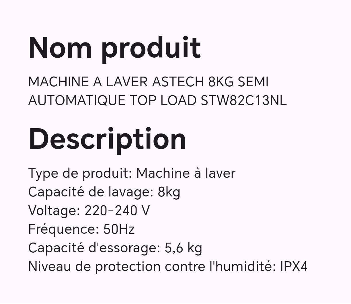 Machine à laver ASTECH 8KG semi automatique TOP LOAD STW82C13NL