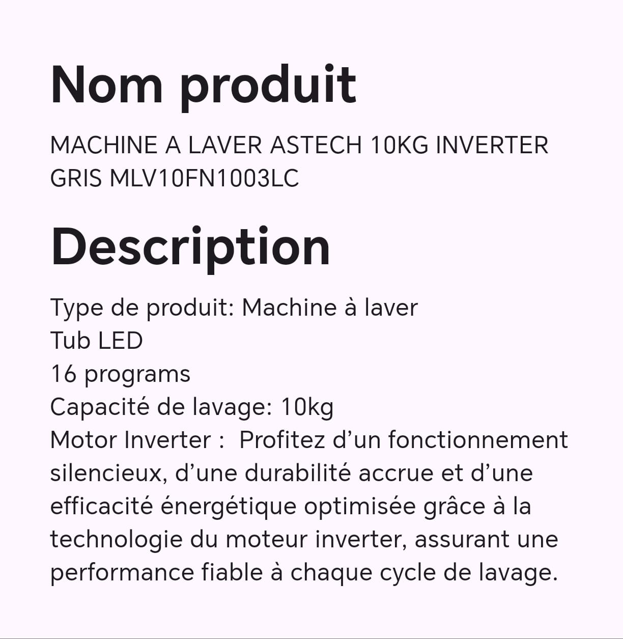 Machine à laver ASTECH 10KG inverter gris MLV10FN1003LC