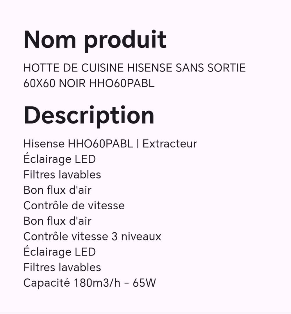 Hotte de cuisine HISENSE sans sortie 60X60 noir HHO60PABL