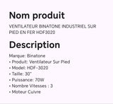 Ventilateur BINATONE industriel sur pied en fer HDF3020