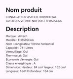 Congélateur ASTECH horizontal 761litres vitrine nofrost FH850SCAA