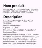 Congélateur ASTECH vertical 424litres 7tiroirs vitrine nofrost VC503FAA