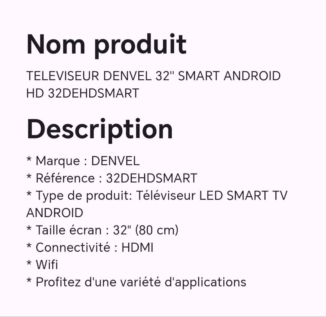 Téléviseur DENVEL 32" SMART ANDROIS HD 32DEHDSMART