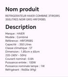 Réfrigérateur HAIER combine 3tiroirs 350 litres noir gris HRF390BS