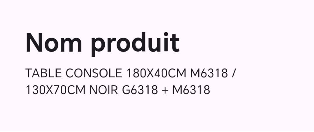 Table console 180X40CM M6318 130X70CM noir G6318+M6318