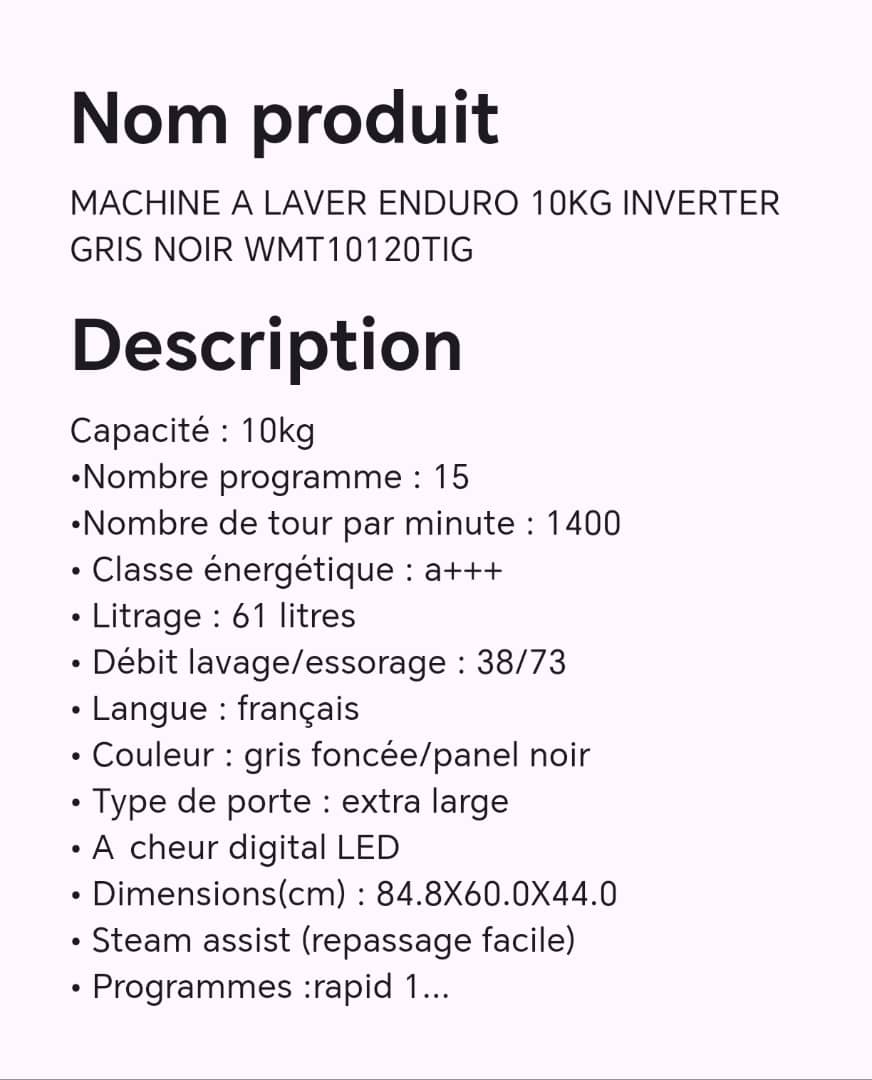 Machine à laver ENDURO 10KG INVERTER gris noir WMT10120TIG
